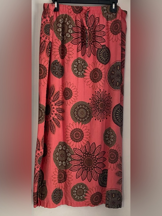 Hot Cotton Dresses & Skirts - Hot Cotton by Marc Ware Made in USA Vintage Linen Skirt XL Slit BOHO Coral Print